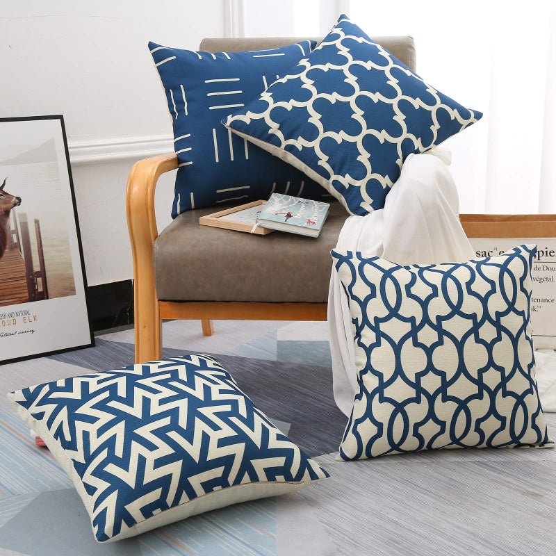 Tosewever Set of 4 Decorative Geometric 18 x 18 Inches Throw Pillow Covers - Modern Pattern Linen Square Pillow Cushion Case for Sofa Couch Bed Home Outdoor Car (18"" x 18""  Blue/Beige) - Image 3